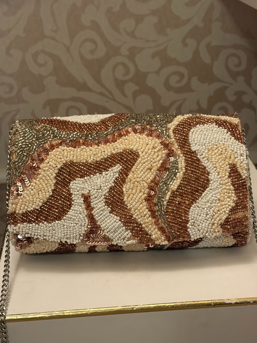 Beaded Swirl Evening Clutch - Cream, Brown & Gold